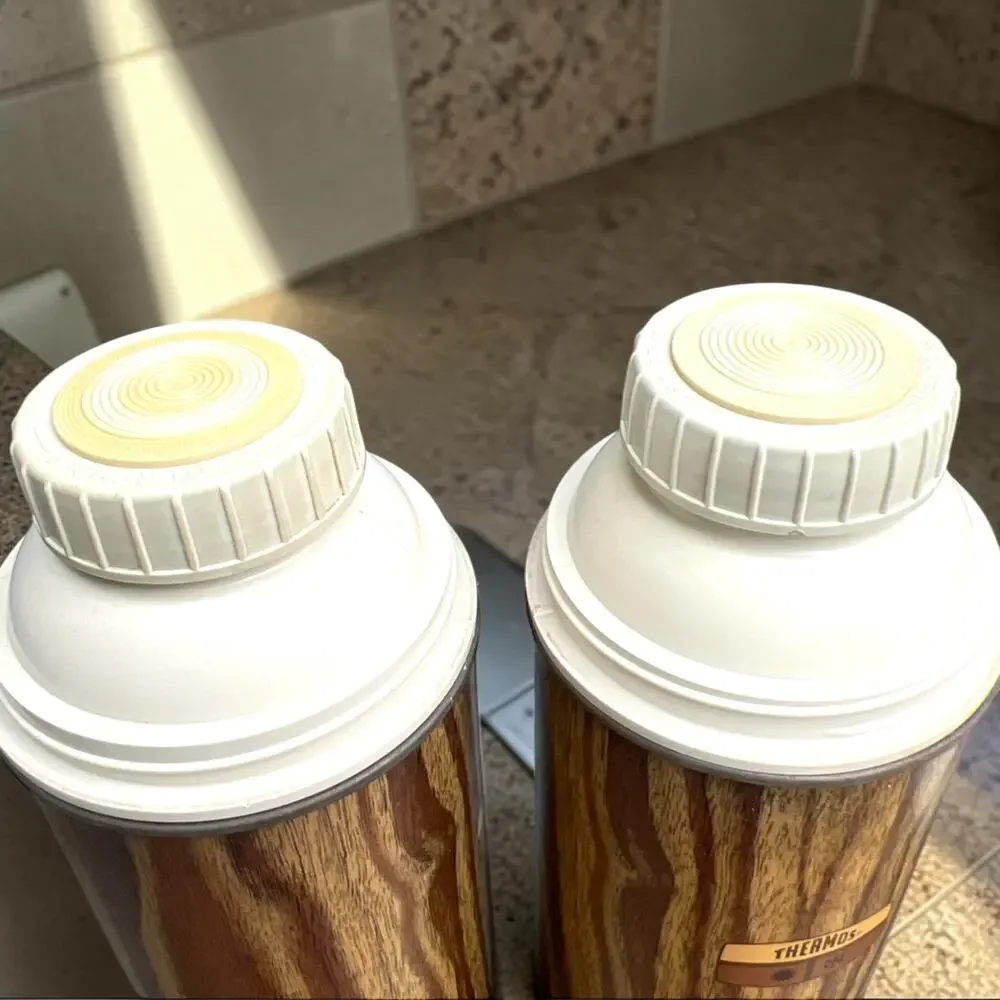 Vintage Thermos Set with Case Woodgrain Mid Century Picnic Thermos King Seeley